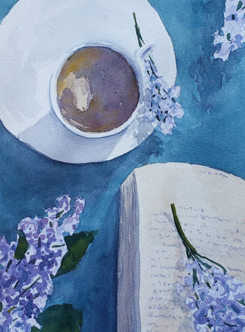 Watercolour drawing of a cup and a journal
